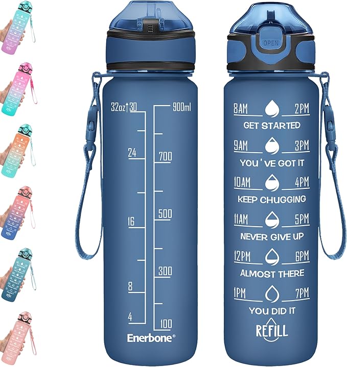 Enerbone 32 oz Water Bottle with Times to Drink and Straw, Motivational Drinking Water Bottles with Carrying Strap, Leakproof BPA & Toxic Free, Ensure You Drink Enough Water for Fitness Gym Outdoor
