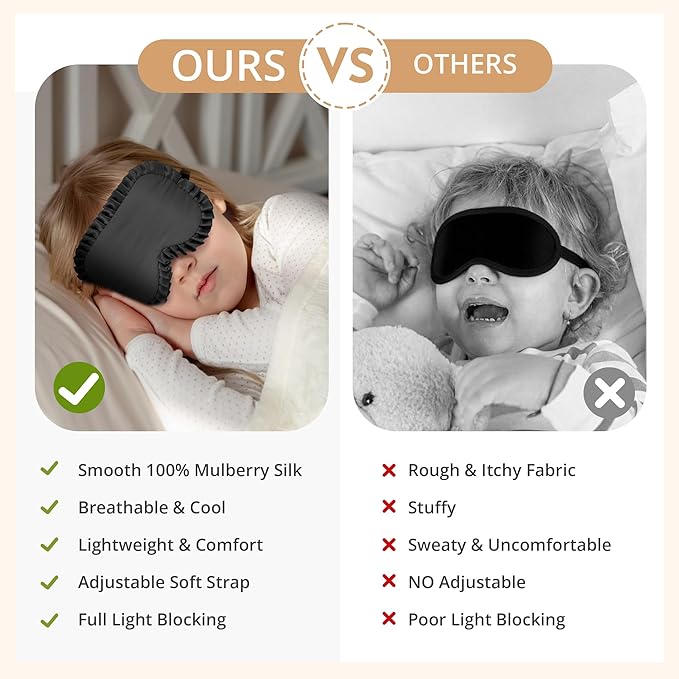 Kids Sleep Mask, 100% Real Mulberry Silk Eye Mask, Sleeping Mask for Kids with Adjustable Elastic Band, Soft & Light Blocking Eye Cover Gift for Boys Girls Teens Age 5+ (Black)
