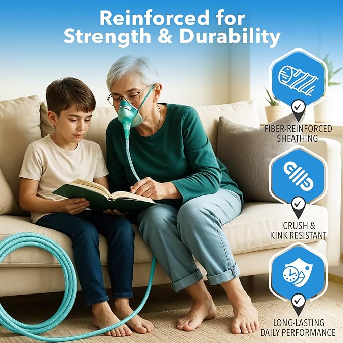 Oxygen Tubing 2 x 50 Ft Continuous Non Kinking High Flow, Medical Grade Universal Oxygen Hoses for Home Use, Compatible w/Standard Oxygen Therapy Devices & Connectors, O2 Tubing for Concentrator