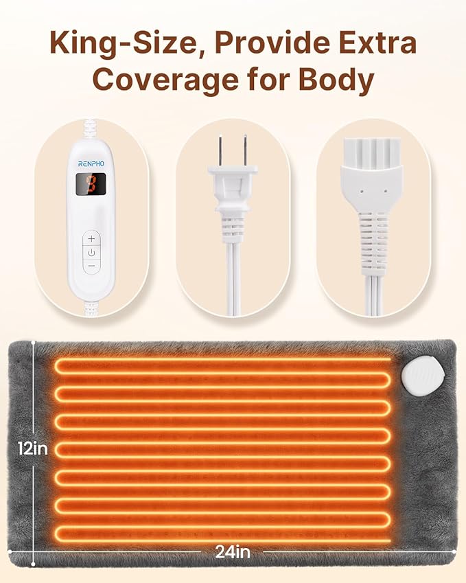 RENPHO Heating Pad for Back Pain & Period Cramps, FSA Eligible & HSA Store, Mothers Day Gifts & Birthday Gifts for Women Men,12" x24‘’ Electric Heat Pad for Neck and Shoulder, ETL Certified, Gray