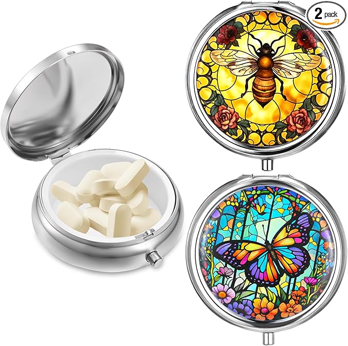 Sibba 2Pcs Portable Medicine Pill Case Moisture Proof Pocket Pill Organizer Dispenser Cute Compact Nice Tablet Box Bee&Butterfliy Medicine Pills Box Metal Pillbox with Mirror for Vitamins, Fish Oil