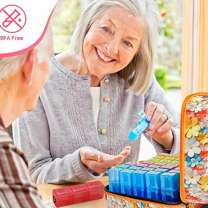 Monthly Pill Organizer, 31-Day Medicine Box with Hard Shell Case, 3 Times Daily Dosage Schedule, Plastic Rectangular Design, Includes Pill Cutter and Monthly Weekly Stickers (Flowers)