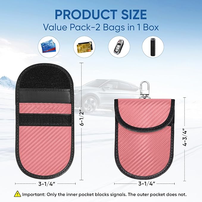 TICONN 2PK Faraday Bags for Car Keys Fob, 3.25"X4.75" Faraday Cage Protector, Car RFID Signal Blocking, Anti-Theft Pouch Anti-Hacking Case Blocker (Pink, S)