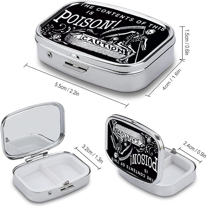 Metal 2 Compartment Pill Organizer Travel Friendly Portable Compact Box Cute Case to Hold Vitamins/Tylenol/Fish Oil/Supplements/Meds/Tablet (Poison Caution), 1.97 x 0.79 x 0.39 Inch