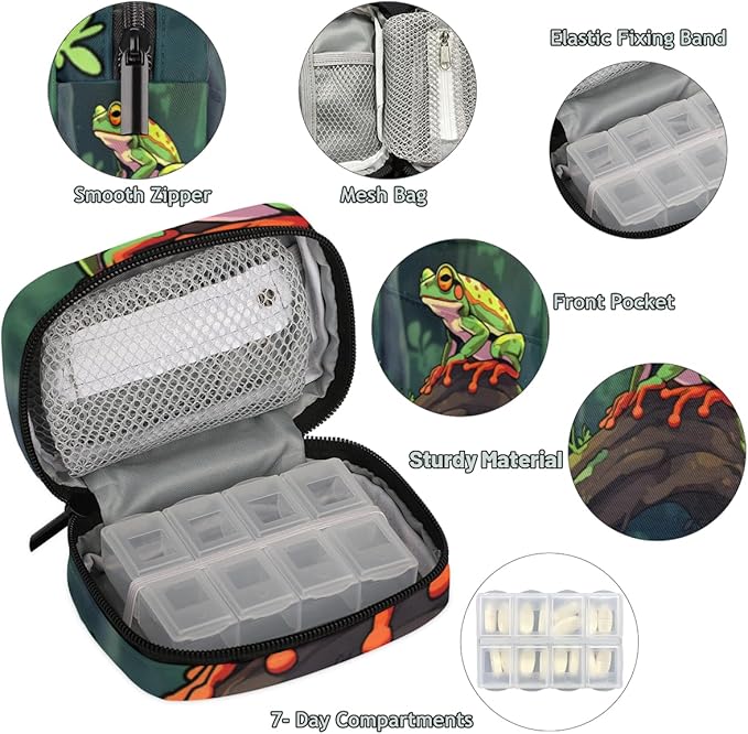 Cartoon Cute Frog Travel Pill Organizer Bag Portable Weekly Pill Box Travel Medicine Organizer 7 Day Pill Case with Zipper for Daily Travel Family Business