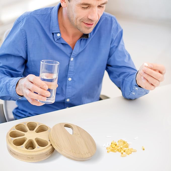 Wood Pill Organizer, Wood Medicine Organizer, Travel Pill Organizers, Bamboo Pill Organizer Used to Store Pills, Pill Box Day Improved Design with Days of The Week