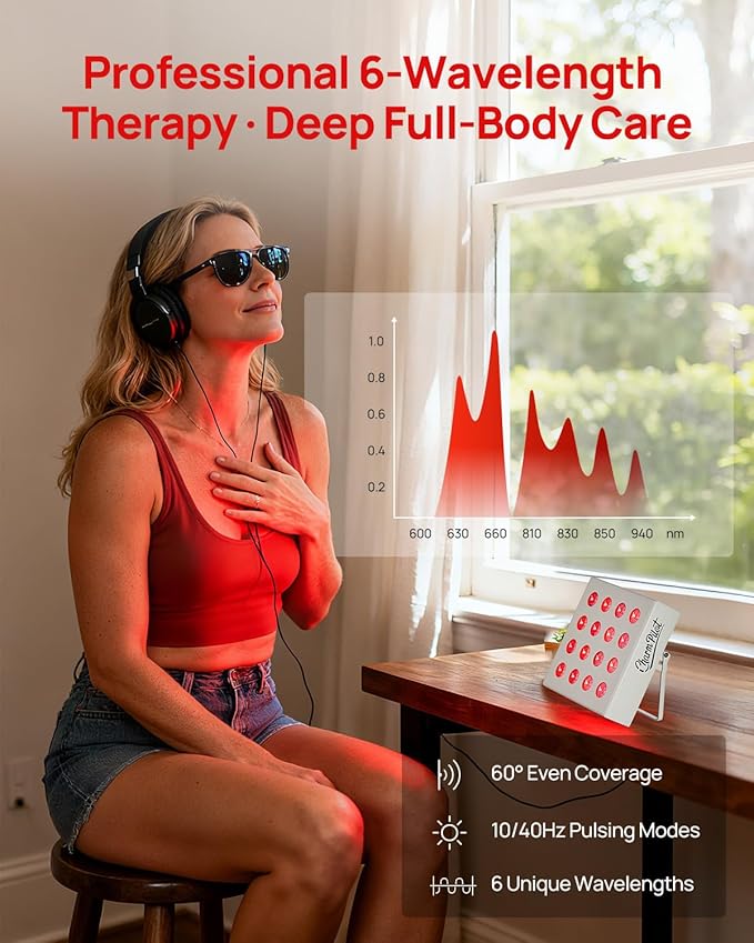 Red Light Therapy Panel for Body, 6 Wavelengths (630 nm, 660 nm, 810 nm, 830nm, 850 nm, 940 nm), 16LEDs, Near‑Infrared Light Therapy Device, Ease Discomfort and Revitalize Skin(White)