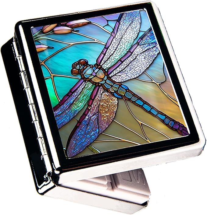 Travel Pill Organizer Small Pill Case for Purse Essentials 7 Days Cute Pill Box with Mirror Portable Pill Box for Pocket or Purse Pill Containe Travel Gifts (Art Dragonfly Stained Glass)