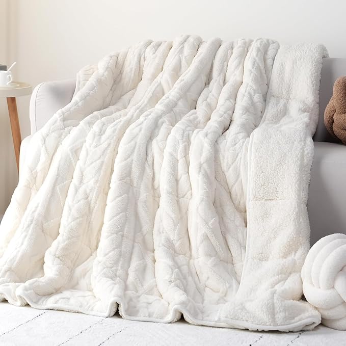 Cottonblue Jacquard Weighted Blanket 15lbs for Queen Ded - Ultra Soft, Cozy Comfort Sherpa Blanket for Relax and Sleep, Heavy Bed Blankets with Glass Beads, 60x80 in 17 lbs, Cream White