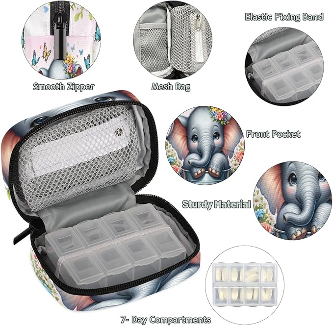 Flower Animal Elephant Travel Pill Organizer Box Weekly Portable Pill Case Daily Pills 7 Day Small Birth Control Pills Container Removable Compartments for Medicine Vitamins Fish Oil