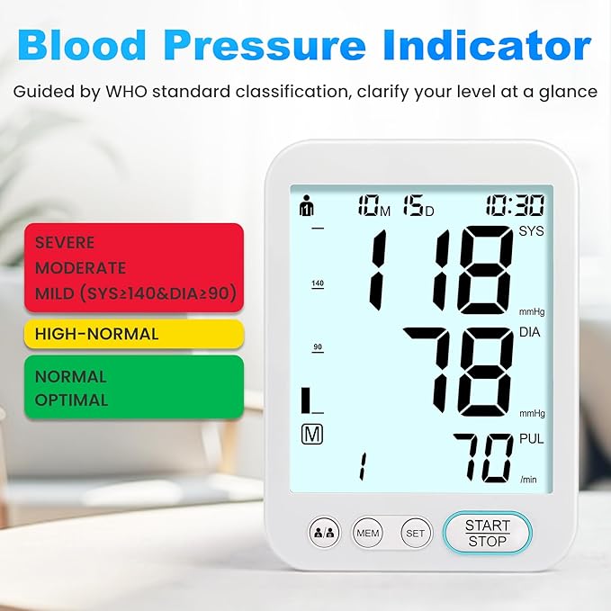 Blood Pressure Monitor Upper Arm BP Machine for Home Use Accurate Large Adjustable 8.7"-16.5" Cuff LCD Backlit Display with Carrying Bag, White