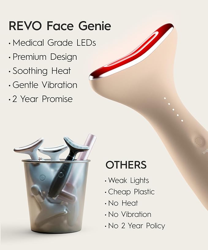 REVO Genie | 3-in-1 Face & Neck Beauty Massager with Heat, 3 Light Therapies, Smart Vibration | Red Light, Blue Light, Green Light Therapy for Smooth Glowing Skin