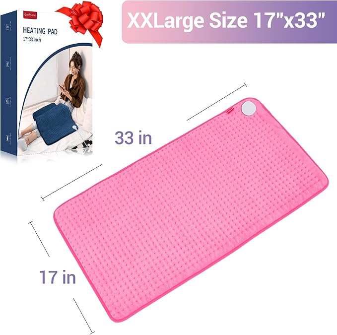 Comfytemp 17''x 33'' King Size Heating Pad for Back & Period, Extra Large Cute Heating Pad XXL, Electric Heat Pad for Neck/Shoulder/Knee, Washable, Pink