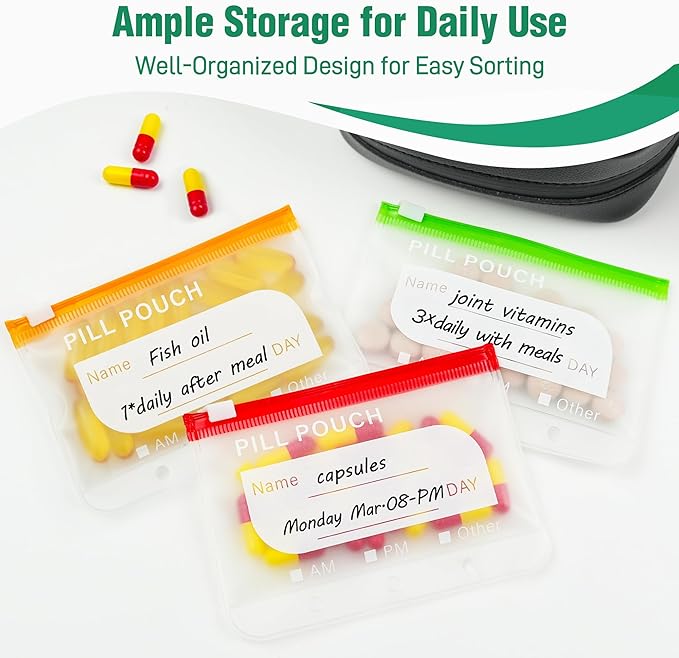 A8 Waterproof Pill Pouch Set, Large Weekly Pill Organizer with 14 Color-Coded Medicine Pouches, Reusable Travel Medicine Organizer, Zippered Pill Storage for Fish Oils, Vitamins（Black）