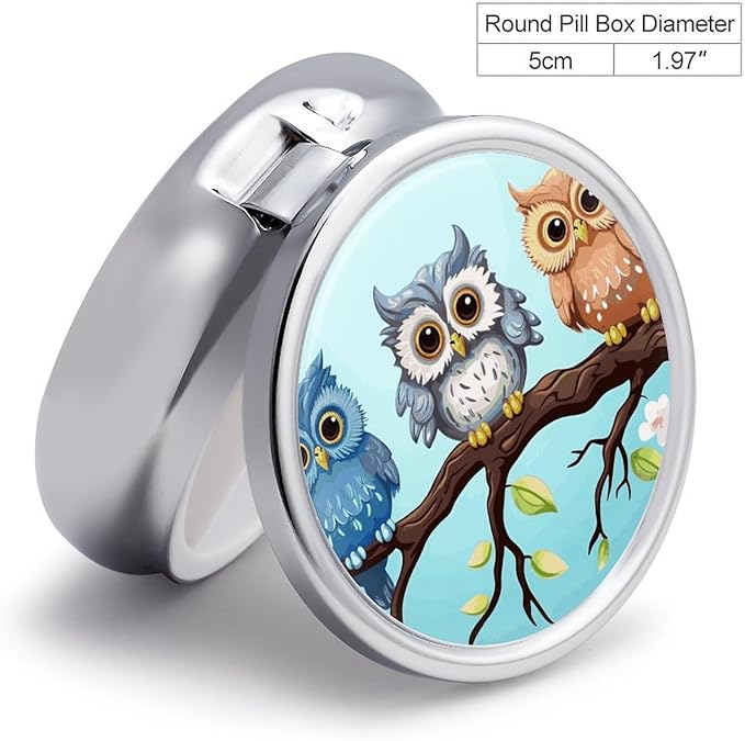 Owls on A Branch Pill Box Travel Pill Case for Purse Pocket Weekly Medicine Organizer with Mirror 3 Compartment Round Medicine Case Portable PillcaseHolder for Daily
