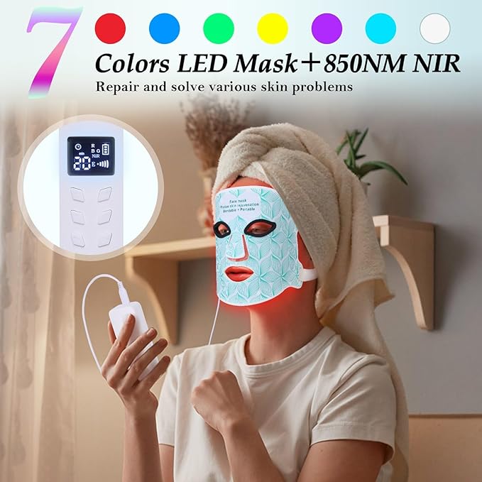 Red Light Therapy for Face, 8 Colors LED Face Mask Light Therapy with 850NM Near-infrared, 3000 mAh Rechargeable Red Light Therapy Mask Skin Care Device at Home and Travel for Anti-Aging