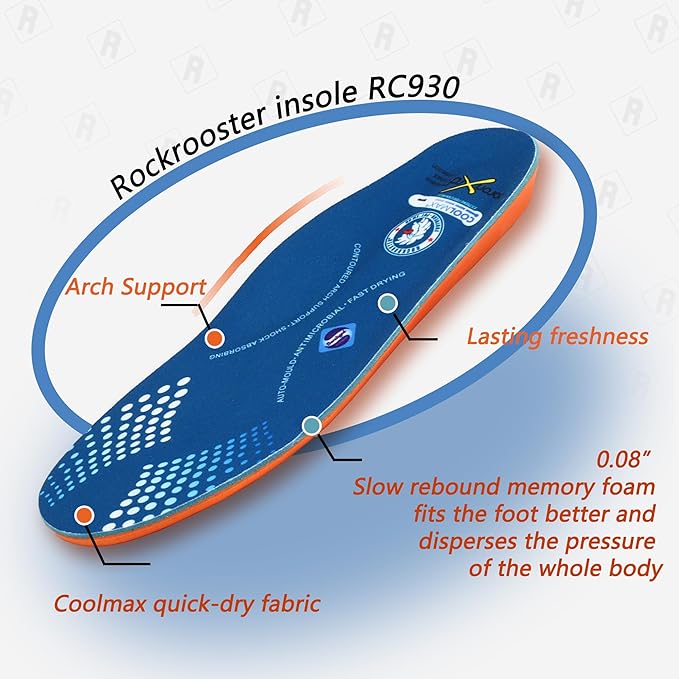 ROCKROOSTER Memory Foam Anti-Fatigue Insoles for Work Boots, Heavy Duty Support Inserts for Men & Women, Arch Support, Fits and Distributes Foot Pressure, Slow Rebound, Standing All Day (RC930-XL)