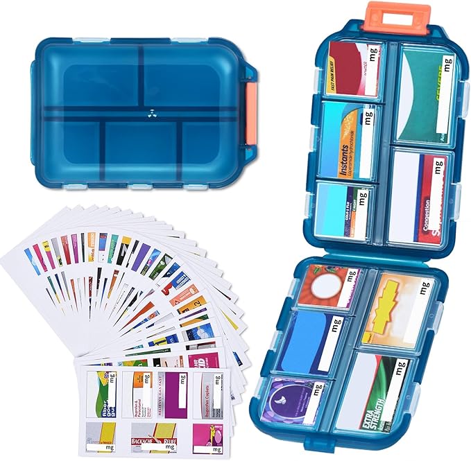 1 Pack 10 GRIDS Travel Pill Organizer Box with 189 Labels - Travel Medicine Case Kit - Pocket Daily Pharmacy Container - Travel Medication Holder Dispenser for Fish Oil Vitamin Supplement Storage