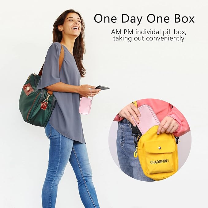 Weekly PU Leather Pill Bag Organizer Case 2 Times a Day, AM PM Daily Pill Box to Hold Vitamin, Fish Oil, Supplements and Medicine (Pink)