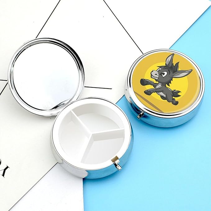 Cartoon Donkey Image Pill Box Travel Pill Case for Purse Pocket Weekly Medicine Organizer with Mirror 3 Compartment Round Medicine Case Portable PillcaseHolder for Daily