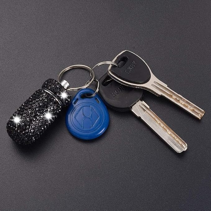 XhuangTech Waterproof Keychain Pill Box Bling Round Medicine Organizer Holder Container Aluminum Portable Mini Bottle Storage Case for Outdoor Travel Camping Purse Pocket (Black)