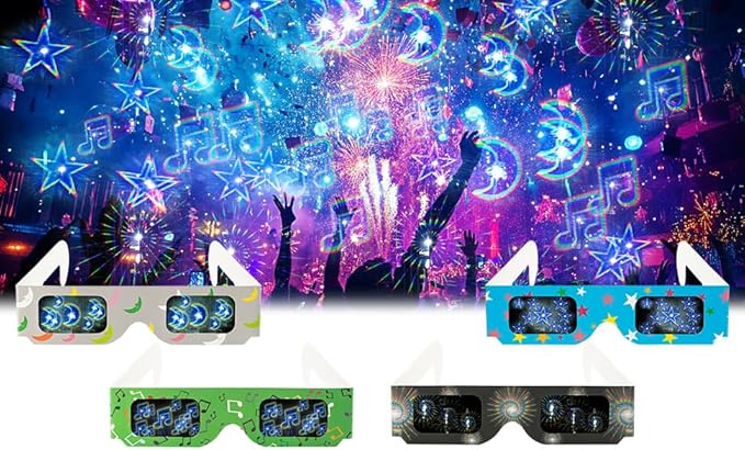 12 Packs Cardboard 3D Diffraction Glasses Fireworks Glasses for Christmas Lights/Parties/Raves/Music Festivals/Light Shows/Fireworks (Moon/Music Symbol/Star/Spiral)
