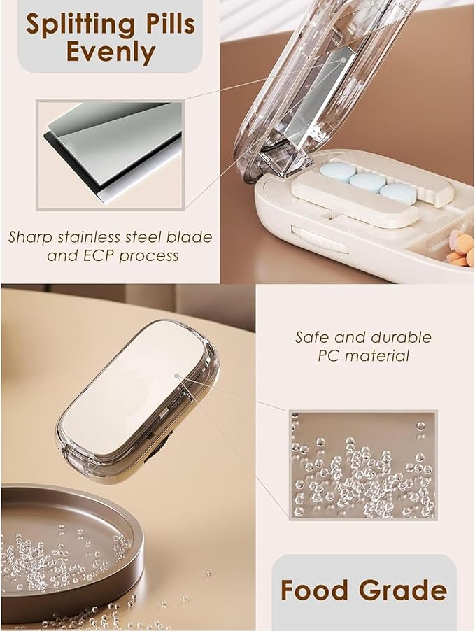 Pill Cutter for Cutting Multiple, 1/2 1/4 Pill Splitter for Large, Small and Tiny Pills, Portable Pills Cutter,Storage Organizer, Accurate Centering Alignment Device (White)