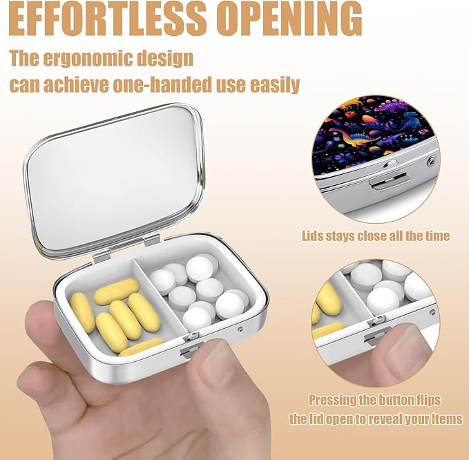 Pill Box-2 Compartment Small Pill Case Square Organizer Case with Mirror Portable Metal Medicine Box Travel Container for Pocket & Purse Women Men(Colorful Dinosaur)