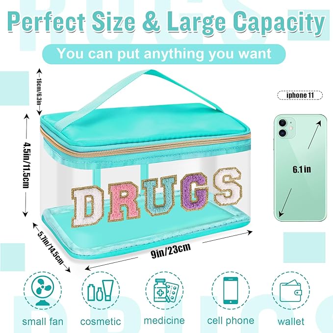 Chenille Letter Clear Makeup Bag DRUGS Pouch, Preppy Cute Small Meds Travel Bag Zipper with Handle, Transparent PVC & Nylon Waterproof Glitter Cosmetic Handbag Toiletry Storage for Women(DRUGS-Green)