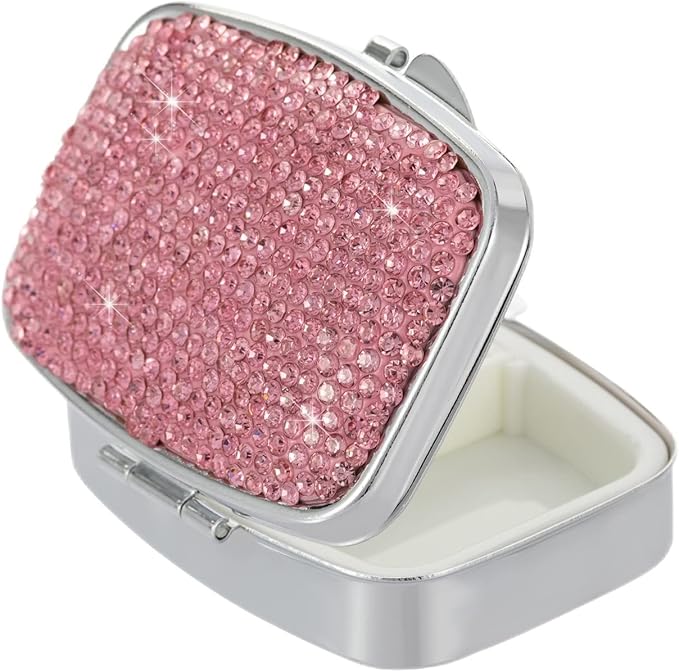Pill Organizer Travel,Square Small Metal Pill Box Case,Compact Medicine Vitamin Container,Portable Pill Holder Bottle for Women(Pink)