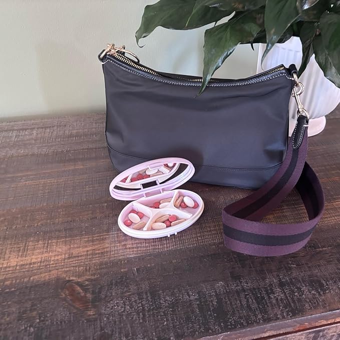EQUADOSE Oval Compact Pill Case, Portable Organizer with Mirror, Travel Medication Holder with Removable Divider, Small Storage Case for Pills, Vitamins, Earbuds, Jewelry & Daily Essentials, Rose