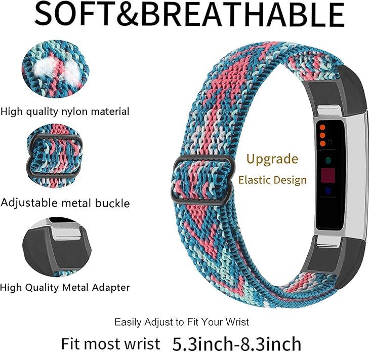 Adjustable Elastic Nylon Bands Compatible with Fitbit Alta and Alta HR Fitness Tracker, 2 Pack Braided Stretchy Wristband Accessory Bracelet Watch Strap Sport Replacement Band for Women Men
