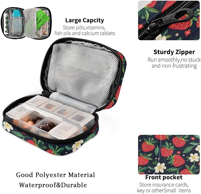 Fustylead Hand Draw Red Strawberry and Beautiful Floral Pill Organizer for Purse, Weekly Portable Pill Box with Zipper to Storage Vitamins Fish Oils Medications Supplements