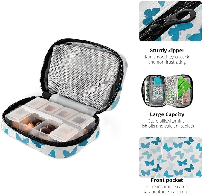 Butterfly Pill Box 7 Day Pill Case Travel Pill Organizer Bag with Zipper Portable Weekly Vitamin Medicine Supplement Holder Pouch Bag