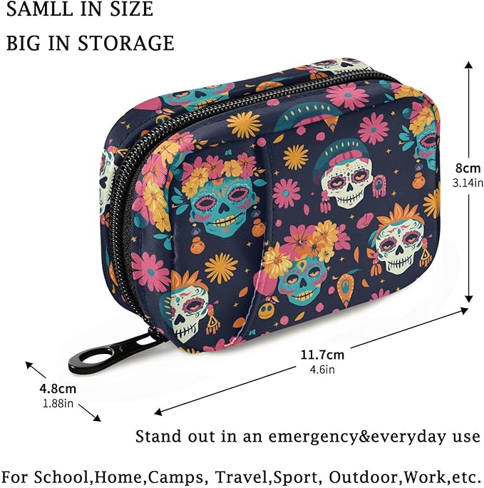 Fustylead Beautiful Sugar Skulls Women and Floral Pill Organizer for Purse, Weekly Portable Pill Box with Zipper to Storage Vitamins Fish Oils Medications Supplements
