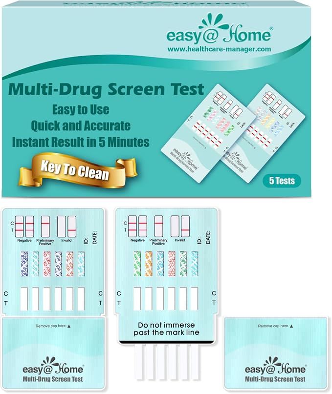 Easy@Home Multi-Drug Screen Test: 5 Pack Urine Drug Testing Kit for AMP/BAR/BZO/COC/MET/MDMA/MOP300/MTD/OXY/PCP/TCA/THC50, All Drugs Includes Marijuana Tests for Home Use,EDOAP-7125