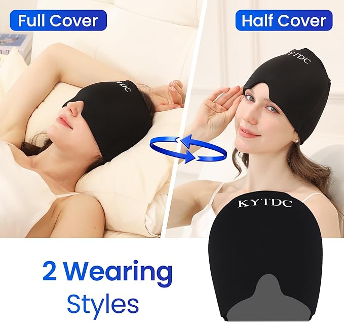 Migraine Relief Cap Gel Ice Head Wrap - Hot & Cold Therapy Soothing Headache Hat Ice Pack Mask, Headache Relief Wrap for Tension, Stress, Hangover &Puffy Eyes,Black, 2PCS((Gift Eye Mask))