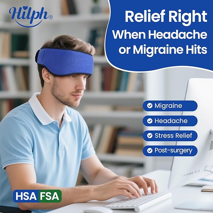 Hilph Headache Ice Pack Migraine Ice Head Wrap, Reusable Head Cold Pack Forehead Ice Pack for Migraine Relief, Headache Tension, Sinus Pain, Chemo, Stress Relief (Blue)