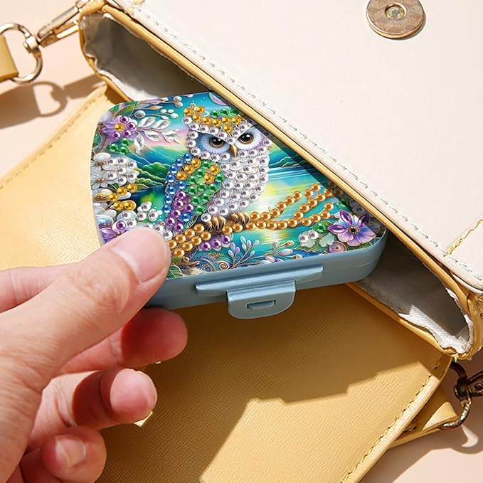C'eitura DIY Owl Diamond Art Painting Blue Pill Organizer with 6 Lid Detachable Compartments, Fun DIY Craft Project for Adults, Elegant Pill Case for Purse & Travel