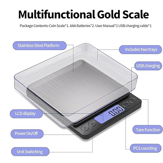 SKEAP Coin Scale to Weigh Coins, 1kg/0.01g High Accuracy Gram Scale for Coin Collectors, Gold and Jewelry, with USB Charging, LCD Display, PCS Counting, Includes Charging Cable and AAA Batteries