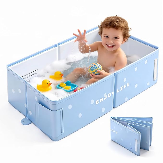 IcyByte Baby Bathtub, Portable & Collapsible Bath Tub for Infant and Toddler, Foldable Toddler Tub for Small Bathroom, Newborn Baby Bath Essentials for Travel & Beach, Bañera para Bebé, Blue