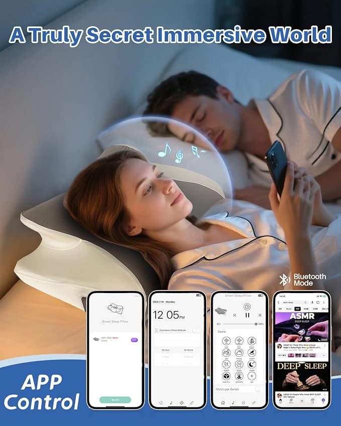 Hopihe Bluetooth Pillow, Sound Pillow for Tinnitus, Cervical Neck Pillow for Neck and Shoulder Pain Relief, APP Control White Noise Machine Butterfly Cooling Memory Foam Pillow for Side Back Sleeper
