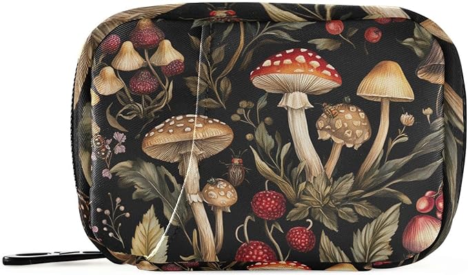 Travel Pill Case Mushrooms Berries Leaf and Bugs Weekly Small Pill Box 7 Day Pill Box Pill Organizer Bag