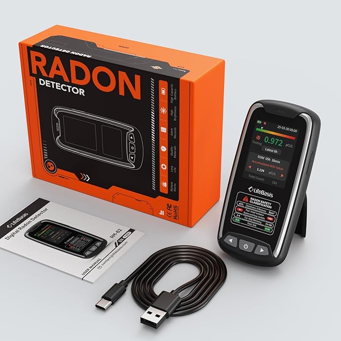 LifeBasis Portable Radon Detector with TFT Color Display, First Result in 6 Hours, Rechargeable Radon Monitor for Home Basement, 504-Day Accurate Data Storage, Visual & Audible Alarm pCi/L or Bq/m³