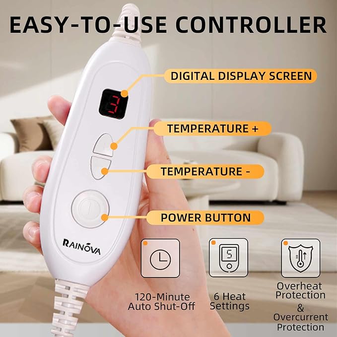 RAINOVA Heating Pad for Neck, Back and Shoulders, Electric Heat Pad for Pain Relief, Christmas Gifts for Women Men Mom Dad, Electric Pad with 6 Heat Settings, Overheating Protection & ETL/UL Certified