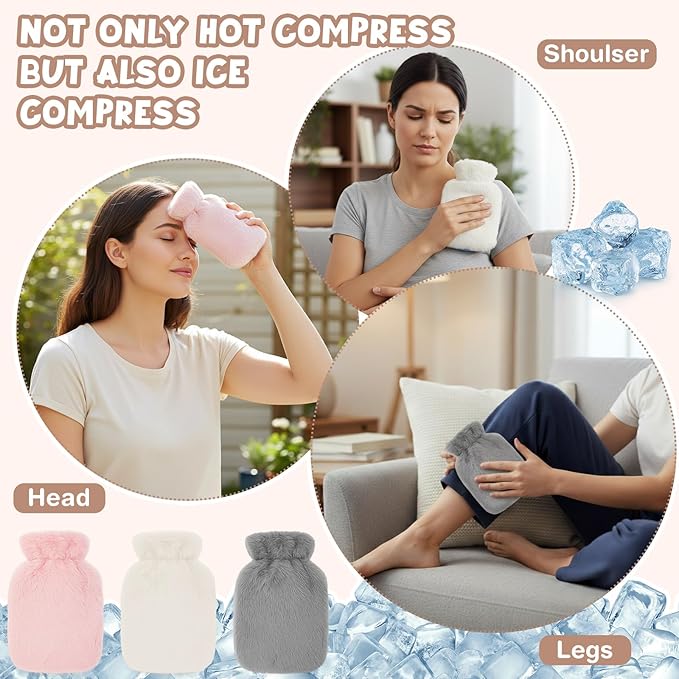 Amylove 3 Pcs Mini Hot Water Bottle for Hot & Cold Compress with Cover 320ml Silicone Microwave Heating Bottles Small Water Bag for Travel Holiday Gift (Pink, Gray, White,Plush)
