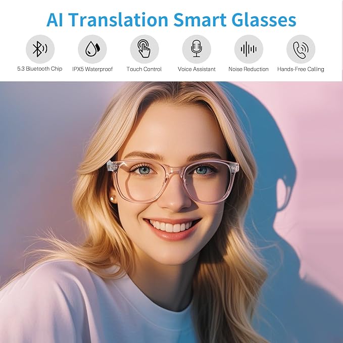 Smart Glasses for Women, AI Translation Bluetooth Glasses, Real-Time Translator, Open Ear Blue Light Filtering Lenses, Supports 165+ Languages, language translator for Traveling Learning(Clear)