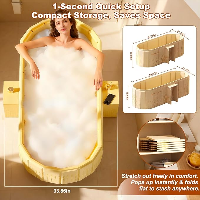 Portable Bathtub for Adult 47" Large Collapsible Cold Plunge Bathtub Foldable No Installation Ice Bath Tub for Shower Stall, Bathroom Hot SPA Soaking Standing Tub