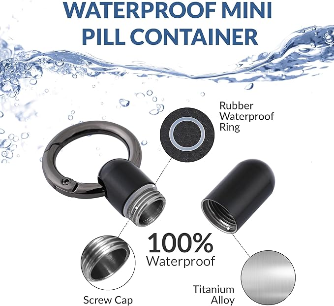 TISKY Small Keychain Pill Holder Titanium,Waterproof Tiny Pill Container with Keyring,Mini Portable Pill Case for Travel,Pill Organizer for Purse Pocket(Black)