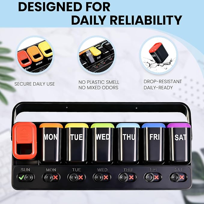 Weekly Pill Organizer with Taken/Untaken Tracker – Never Forget or Double-Dose Your Medication, Large Daily Compartments for Vitamins & Supplements, Vitamin, Black